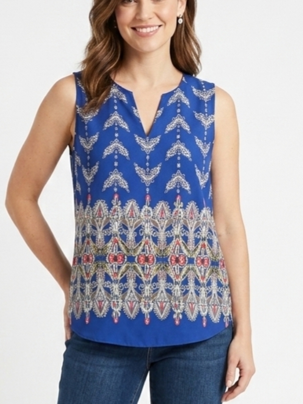 Renee C Blue Paisley Print Sleeveless V-Neck Blouse Top Made in USA Size Large